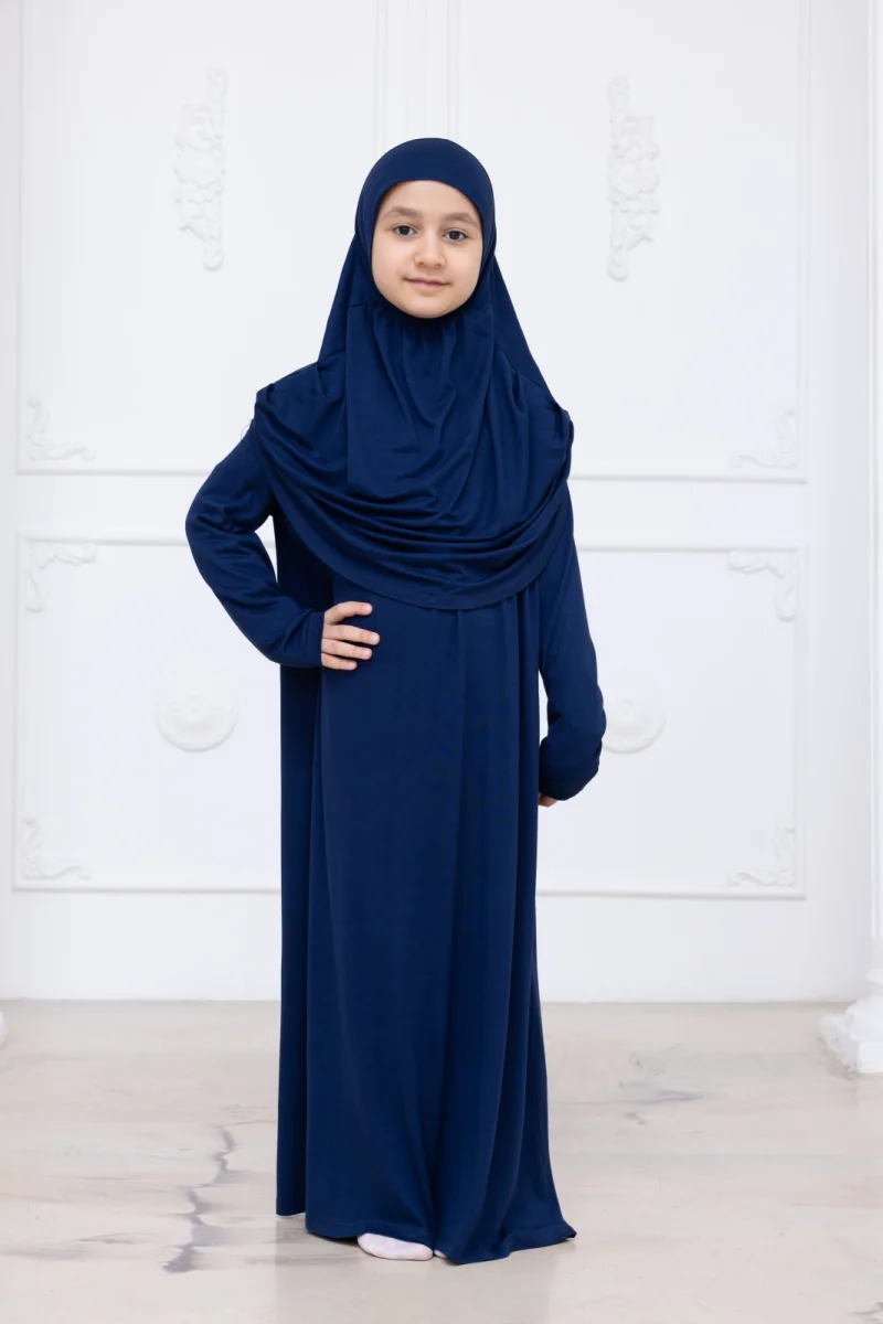 Pratik Başörtülü Çocuk Namaz Elbisesi, Tek Parça Çocuk Namaz Kıyafeti Lacivert - 3