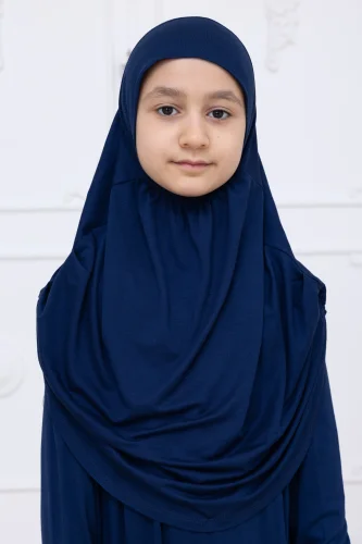Pratik Başörtülü Çocuk Namaz Elbisesi, Tek Parça Çocuk Namaz Kıyafeti Lacivert - 4