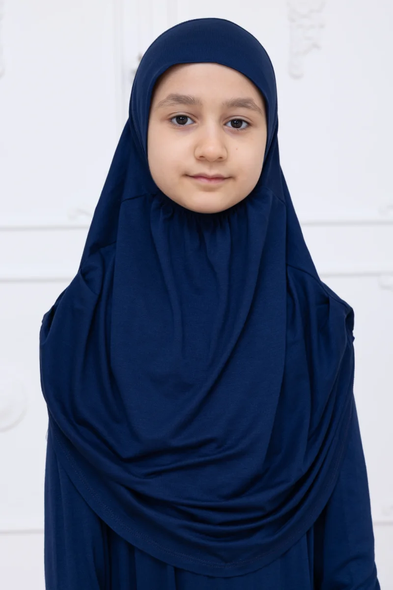 Pratik Başörtülü Çocuk Namaz Elbisesi, Tek Parça Çocuk Namaz Kıyafeti Lacivert - 4