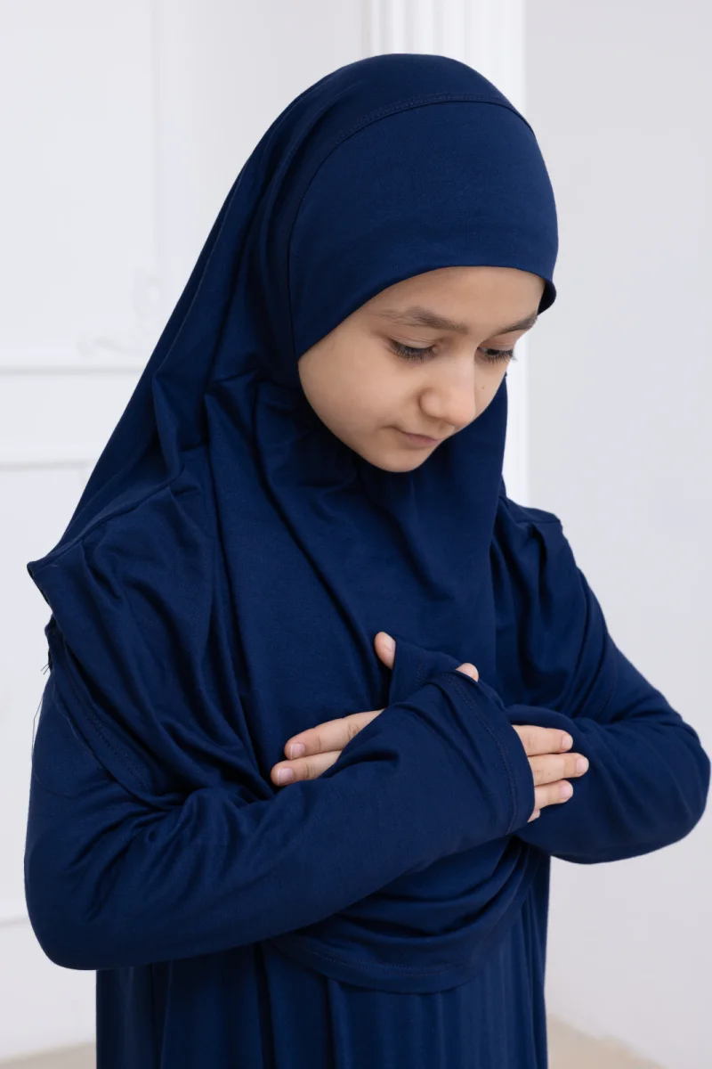 Pratik Başörtülü Çocuk Namaz Elbisesi, Tek Parça Çocuk Namaz Kıyafeti Lacivert - 5