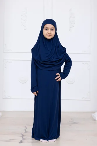 Pratik Başörtülü Çocuk Namaz Elbisesi, Tek Parça Çocuk Namaz Kıyafeti Lacivert - 6