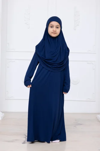 Pratik Başörtülü Çocuk Namaz Elbisesi, Tek Parça Çocuk Namaz Kıyafeti Lacivert - 7