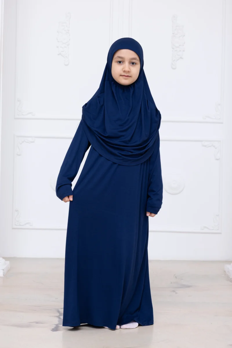 Pratik Başörtülü Çocuk Namaz Elbisesi, Tek Parça Çocuk Namaz Kıyafeti Lacivert - 7