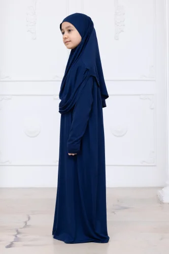 Pratik Başörtülü Çocuk Namaz Elbisesi, Tek Parça Çocuk Namaz Kıyafeti Lacivert - 9