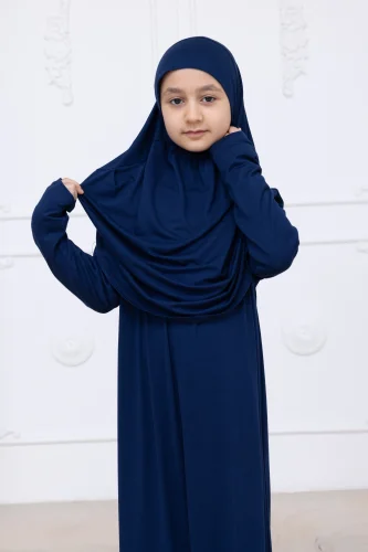 Pratik Başörtülü Çocuk Namaz Elbisesi, Tek Parça Çocuk Namaz Kıyafeti Lacivert - 10