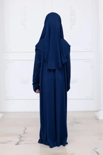 Pratik Başörtülü Çocuk Namaz Elbisesi, Tek Parça Çocuk Namaz Kıyafeti Lacivert - 11