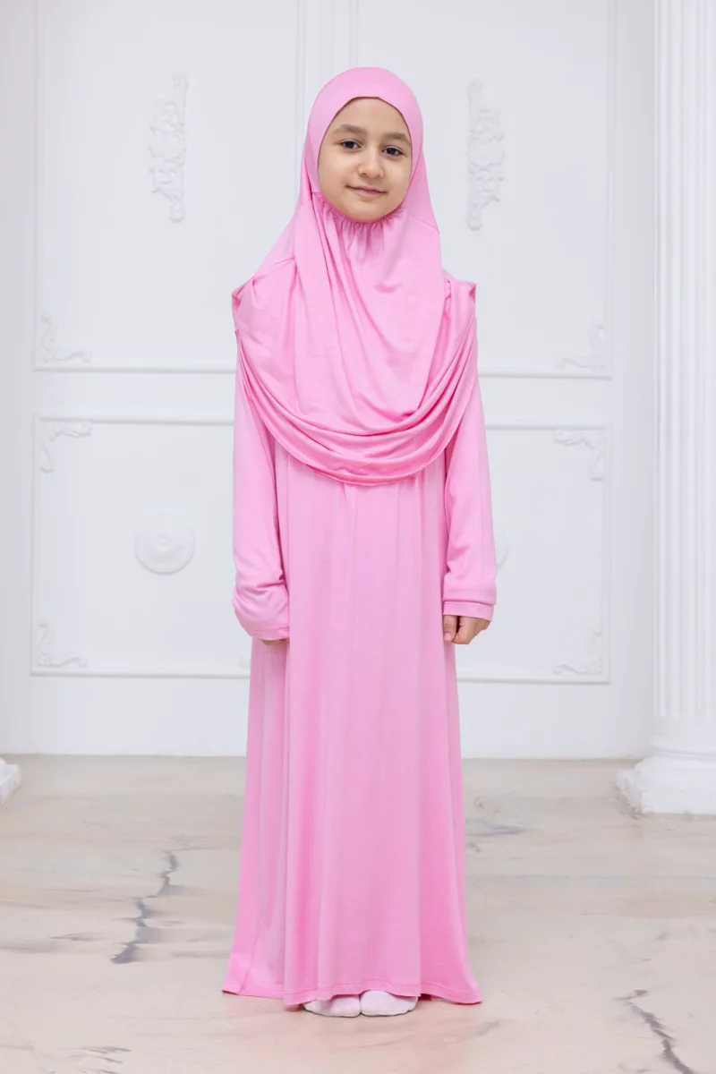 Pratik Başörtülü Çocuk Namaz Elbisesi, Tek Parça Çocuk Namaz Kıyafeti Pembe - 1