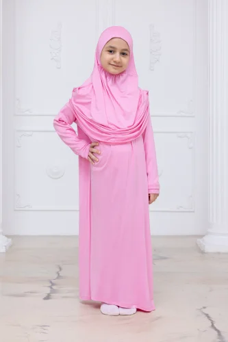 Pratik Başörtülü Çocuk Namaz Elbisesi, Tek Parça Çocuk Namaz Kıyafeti Pembe - ihvanonline (1)