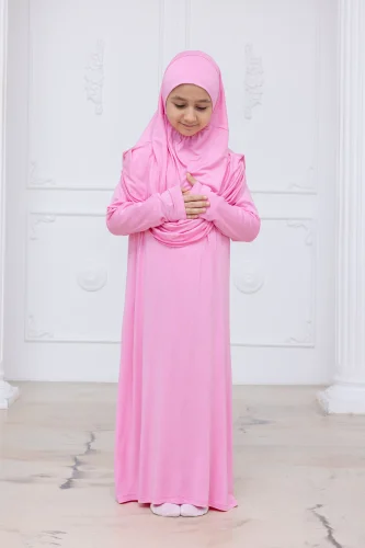 Pratik Başörtülü Çocuk Namaz Elbisesi, Tek Parça Çocuk Namaz Kıyafeti Pembe - 3