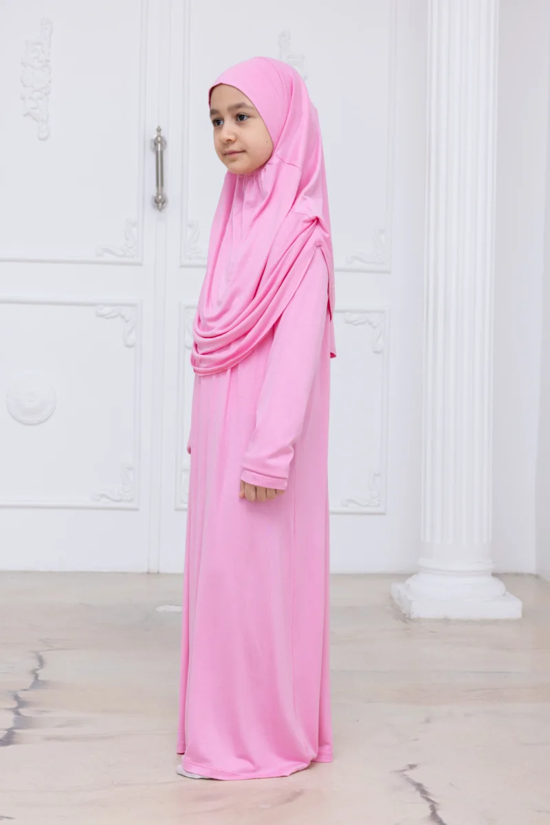 Pratik Başörtülü Çocuk Namaz Elbisesi, Tek Parça Çocuk Namaz Kıyafeti Pembe - 4