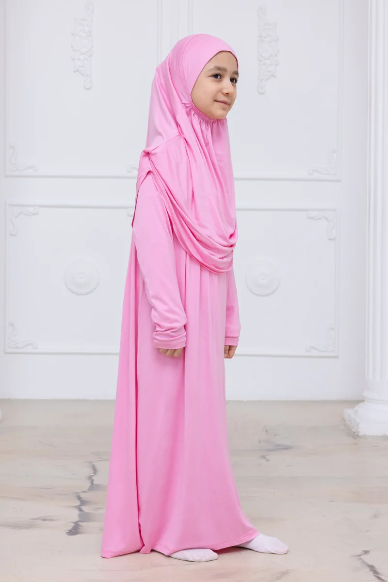 Pratik Başörtülü Çocuk Namaz Elbisesi, Tek Parça Çocuk Namaz Kıyafeti Pembe - 5