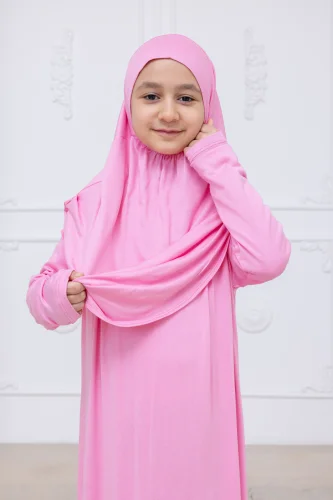 Pratik Başörtülü Çocuk Namaz Elbisesi, Tek Parça Çocuk Namaz Kıyafeti Pembe - 6