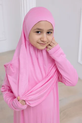 Pratik Başörtülü Çocuk Namaz Elbisesi, Tek Parça Çocuk Namaz Kıyafeti Pembe - 7