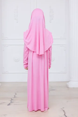Pratik Başörtülü Çocuk Namaz Elbisesi, Tek Parça Çocuk Namaz Kıyafeti Pembe - 8