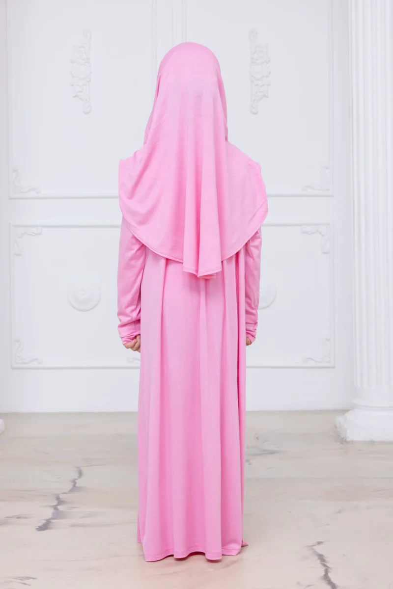 Pratik Başörtülü Çocuk Namaz Elbisesi, Tek Parça Çocuk Namaz Kıyafeti Pembe - 8