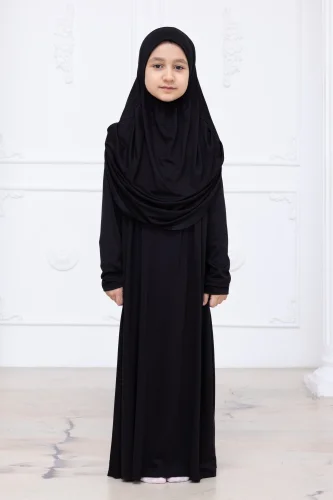 Pratik Başörtülü Çocuk Namaz Elbisesi, Tek Parça Çocuk Namaz Kıyafeti Siyah 