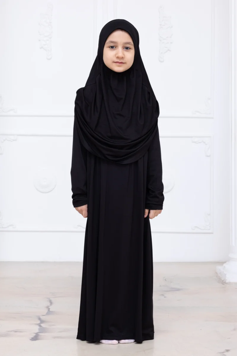 Pratik Başörtülü Çocuk Namaz Elbisesi, Tek Parça Çocuk Namaz Kıyafeti Siyah - 1