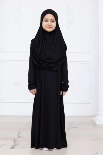 Pratik Başörtülü Çocuk Namaz Elbisesi, Tek Parça Çocuk Namaz Kıyafeti Siyah - ihvanonline (1)