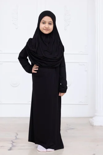 Pratik Başörtülü Çocuk Namaz Elbisesi, Tek Parça Çocuk Namaz Kıyafeti Siyah - 3
