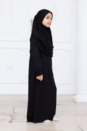 Pratik Başörtülü Çocuk Namaz Elbisesi, Tek Parça Çocuk Namaz Kıyafeti Siyah - 4