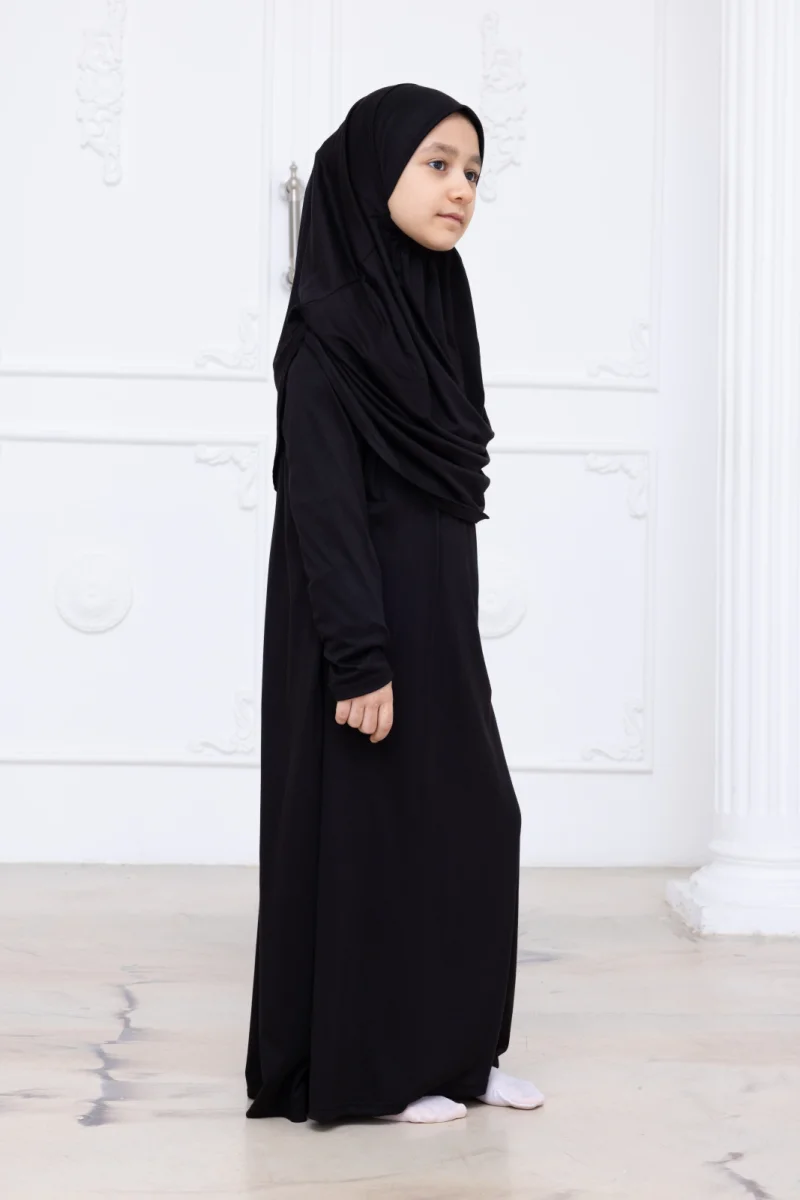 Pratik Başörtülü Çocuk Namaz Elbisesi, Tek Parça Çocuk Namaz Kıyafeti Siyah - 4