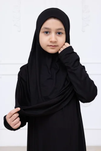 Pratik Başörtülü Çocuk Namaz Elbisesi, Tek Parça Çocuk Namaz Kıyafeti Siyah - 6