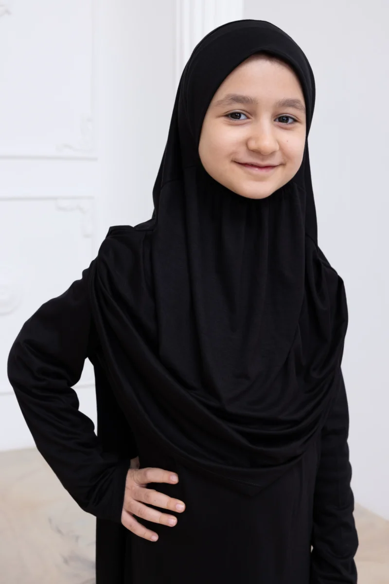 Pratik Başörtülü Çocuk Namaz Elbisesi, Tek Parça Çocuk Namaz Kıyafeti Siyah - 7