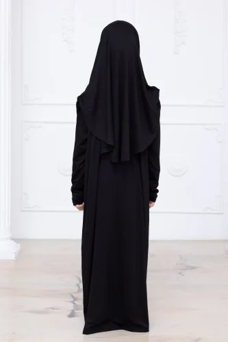 Pratik Başörtülü Çocuk Namaz Elbisesi, Tek Parça Çocuk Namaz Kıyafeti Siyah - 8