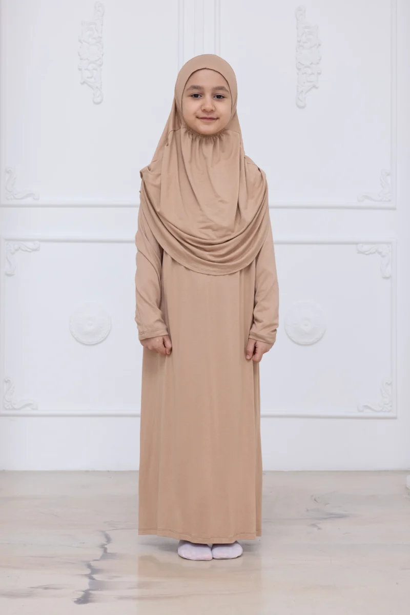 Pratik Başörtülü Çocuk Namaz Elbisesi, Tek Parça Çocuk Namaz Kıyafeti Vizon - 1