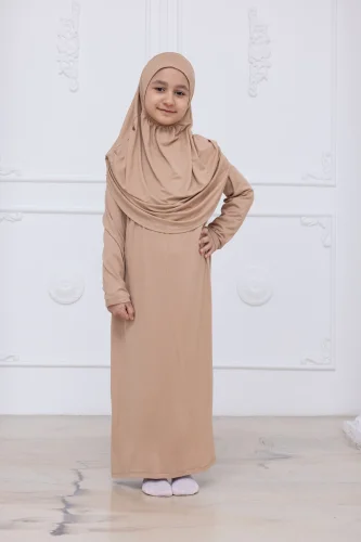 Pratik Başörtülü Çocuk Namaz Elbisesi, Tek Parça Çocuk Namaz Kıyafeti Vizon - ihvanonline (1)