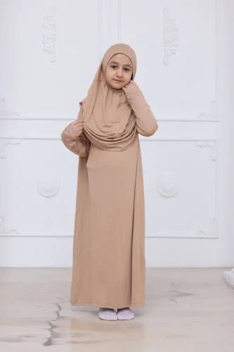 Pratik Başörtülü Çocuk Namaz Elbisesi, Tek Parça Çocuk Namaz Kıyafeti Vizon - 3