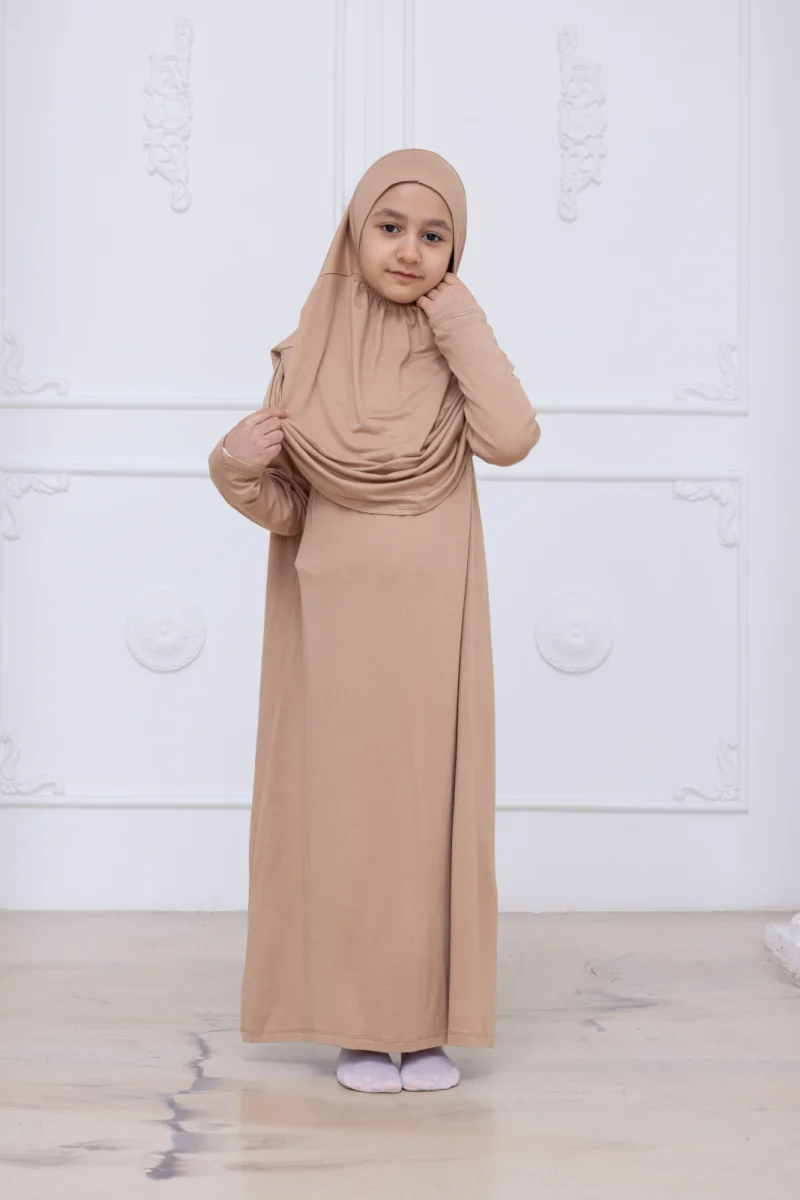 Pratik Başörtülü Çocuk Namaz Elbisesi, Tek Parça Çocuk Namaz Kıyafeti Vizon - 3