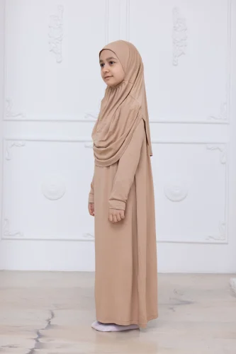 Pratik Başörtülü Çocuk Namaz Elbisesi, Tek Parça Çocuk Namaz Kıyafeti Vizon - 4