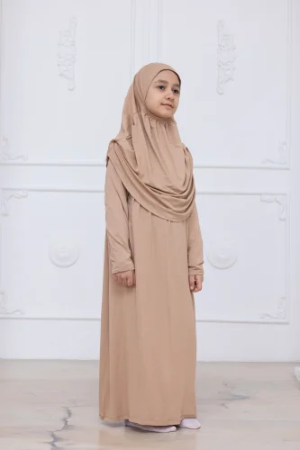 Pratik Başörtülü Çocuk Namaz Elbisesi, Tek Parça Çocuk Namaz Kıyafeti Vizon - 5