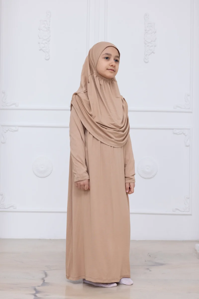Pratik Başörtülü Çocuk Namaz Elbisesi, Tek Parça Çocuk Namaz Kıyafeti Vizon - 5