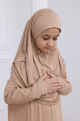 Pratik Başörtülü Çocuk Namaz Elbisesi, Tek Parça Çocuk Namaz Kıyafeti Vizon - 7