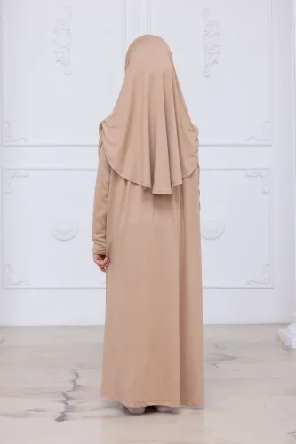 Pratik Başörtülü Çocuk Namaz Elbisesi, Tek Parça Çocuk Namaz Kıyafeti Vizon - 8