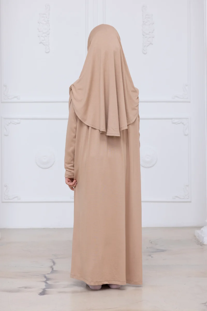 Pratik Başörtülü Çocuk Namaz Elbisesi, Tek Parça Çocuk Namaz Kıyafeti Vizon - 8