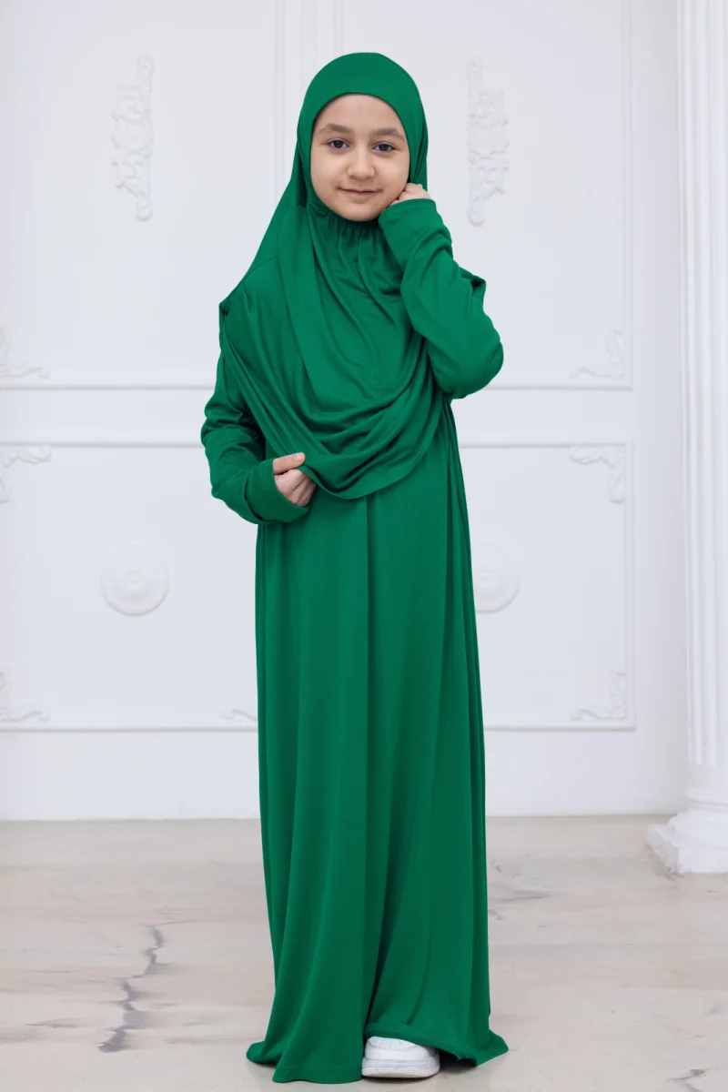 Pratik Başörtülü Çocuk Namaz Elbisesi, Tek Parça Çocuk Namaz Kıyafeti Yeşil - 1