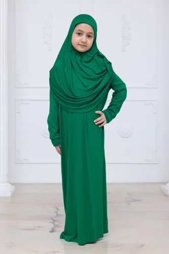 Pratik Başörtülü Çocuk Namaz Elbisesi, Tek Parça Çocuk Namaz Kıyafeti Yeşil - ihvanonline (1)