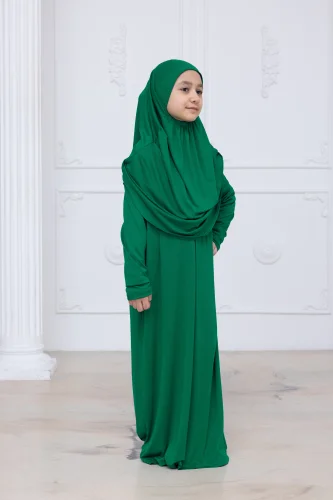 Pratik Başörtülü Çocuk Namaz Elbisesi, Tek Parça Çocuk Namaz Kıyafeti Yeşil - 3