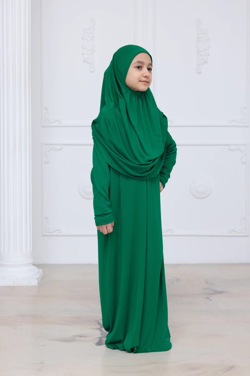 Pratik Başörtülü Çocuk Namaz Elbisesi, Tek Parça Çocuk Namaz Kıyafeti Yeşil - 3
