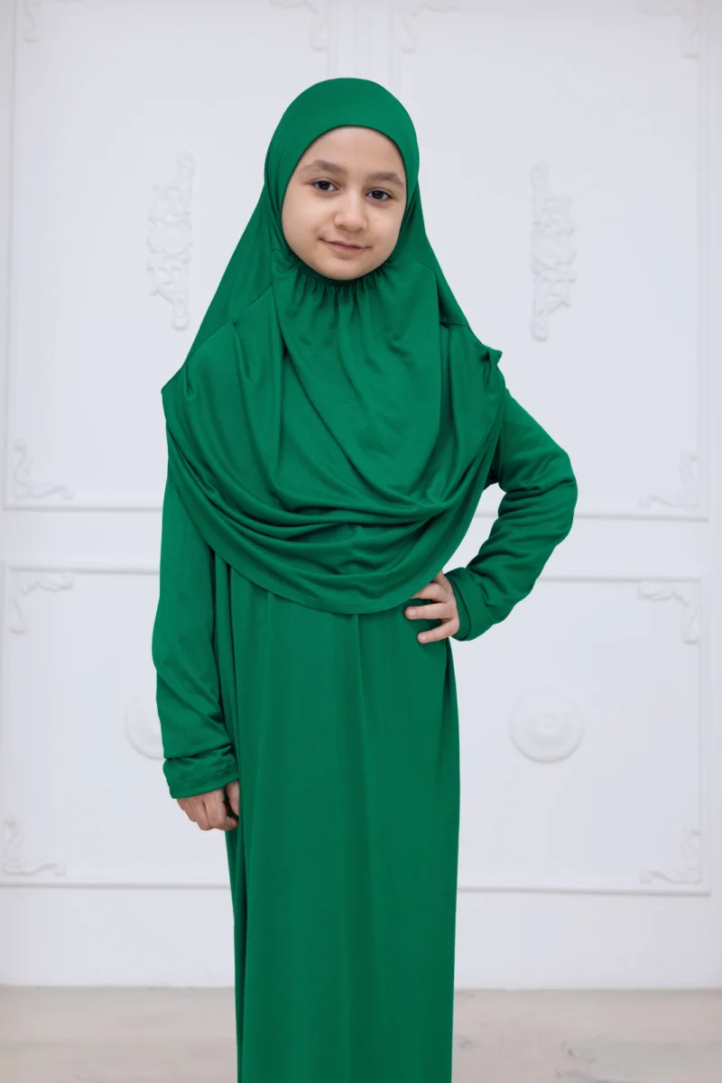 Pratik Başörtülü Çocuk Namaz Elbisesi, Tek Parça Çocuk Namaz Kıyafeti Yeşil - 4