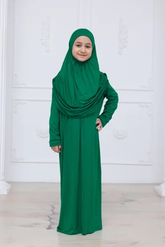 Pratik Başörtülü Çocuk Namaz Elbisesi, Tek Parça Çocuk Namaz Kıyafeti Yeşil - 5