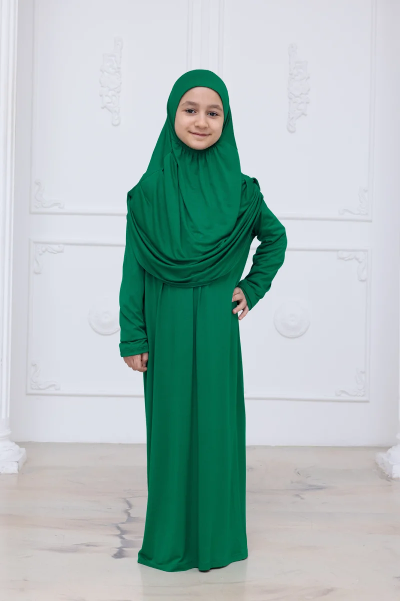 Pratik Başörtülü Çocuk Namaz Elbisesi, Tek Parça Çocuk Namaz Kıyafeti Yeşil - 5