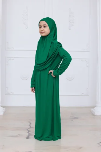 Pratik Başörtülü Çocuk Namaz Elbisesi, Tek Parça Çocuk Namaz Kıyafeti Yeşil - 6
