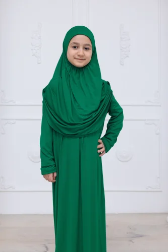 Pratik Başörtülü Çocuk Namaz Elbisesi, Tek Parça Çocuk Namaz Kıyafeti Yeşil - 7