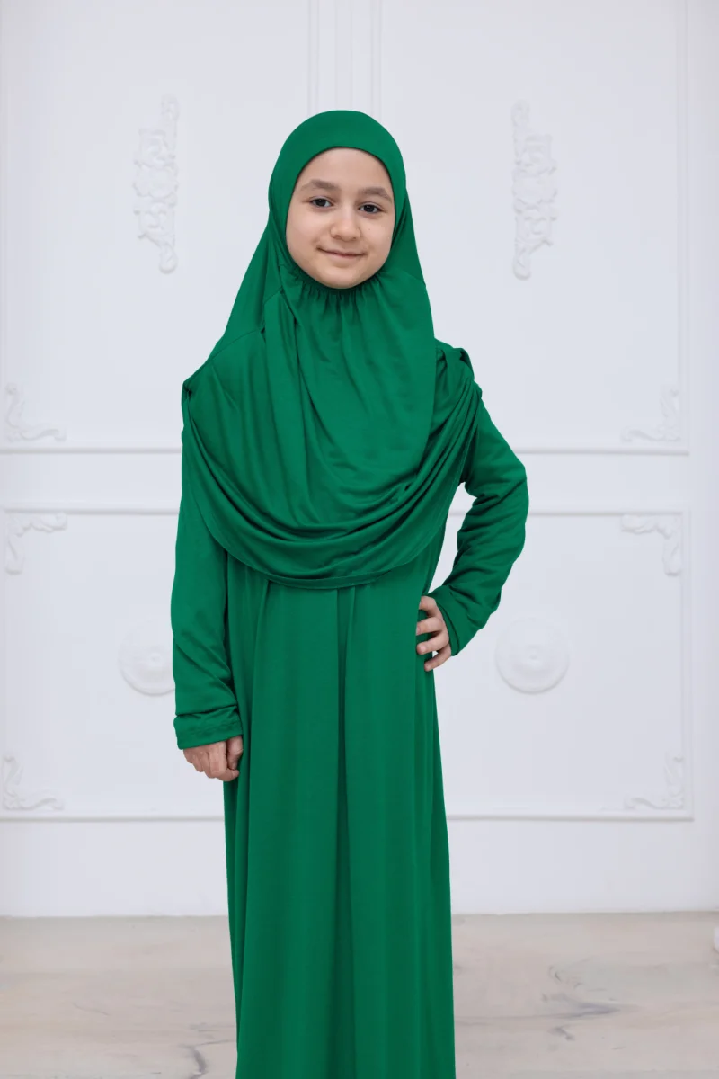 Pratik Başörtülü Çocuk Namaz Elbisesi, Tek Parça Çocuk Namaz Kıyafeti Yeşil - 7