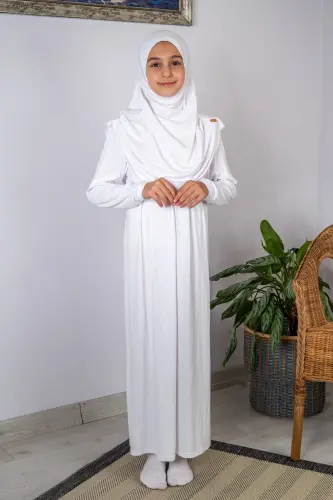 Pratik Başörtülü Tek Parça Çocuk Namaz Elbisesi 8-12 Yaş - Beyaz - ihvanonline (1)