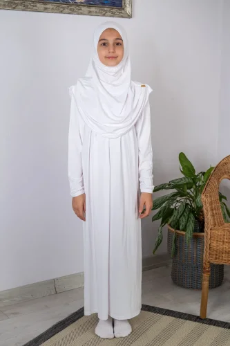 Pratik Başörtülü Tek Parça Çocuk Namaz Elbisesi 8-12 Yaş - Beyaz 